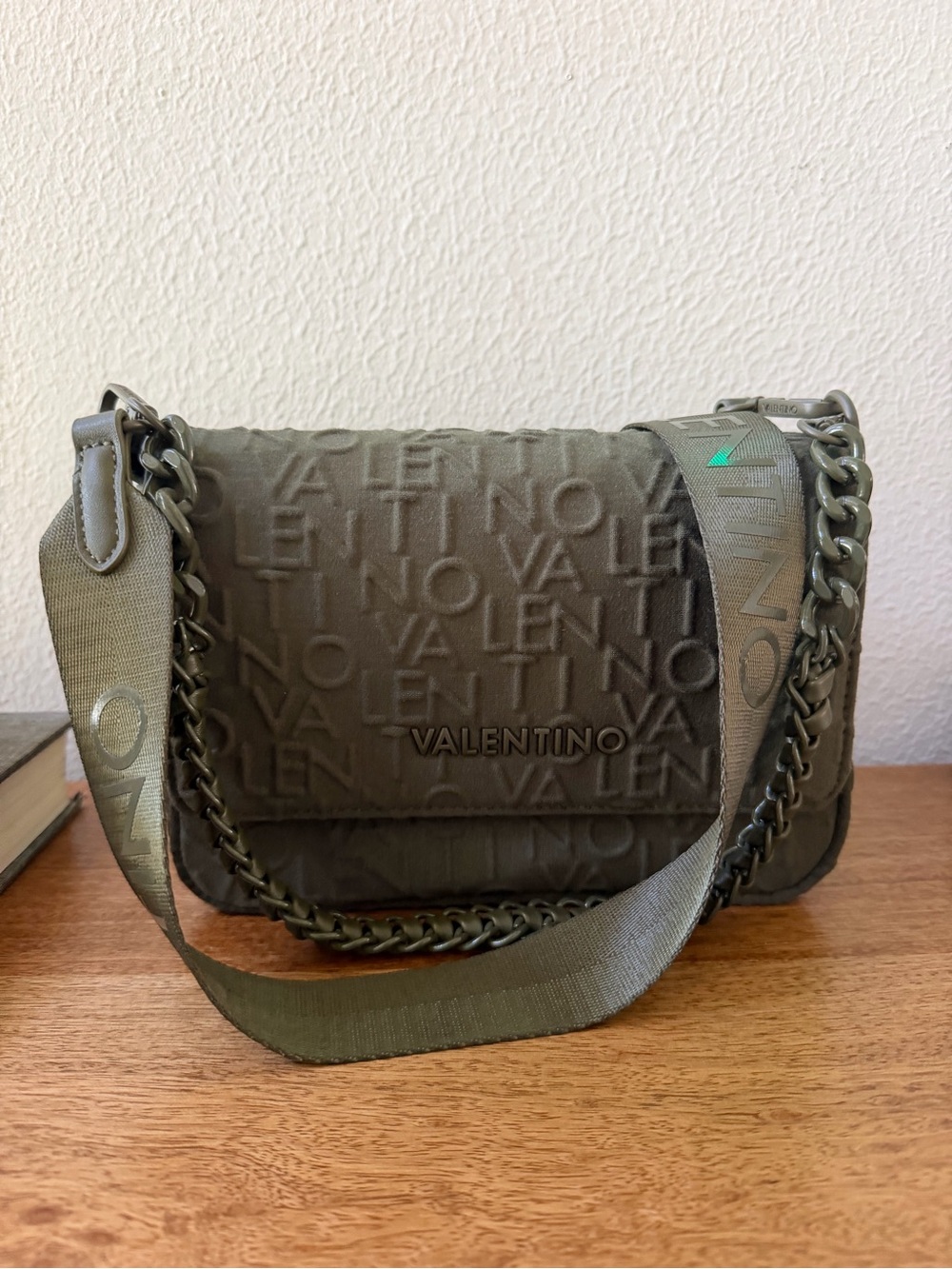 Valentino Olive Green Logo-Embossed Crossbody with Chain Detail